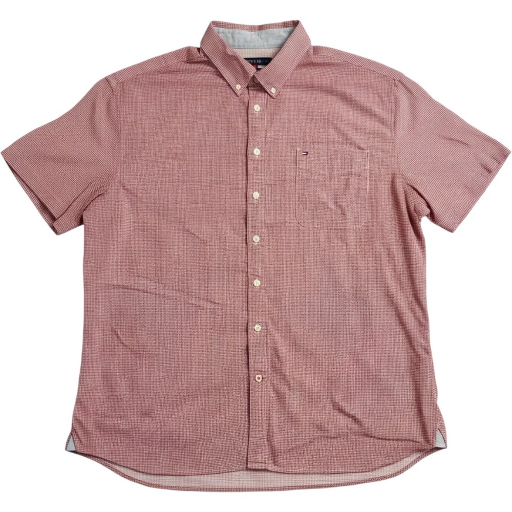 Tommy Hilfiger Button Down Shirt Mens XXL Red Geometric Custom Fit Short Sleeve